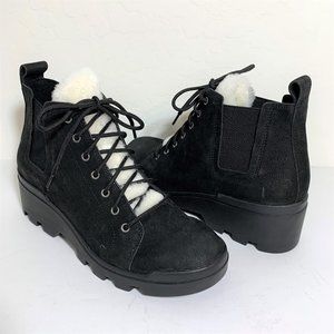 Eileen Fisher Calm Booties Shearling Nubuck Wedge Boots Black Size 7.5 NEW